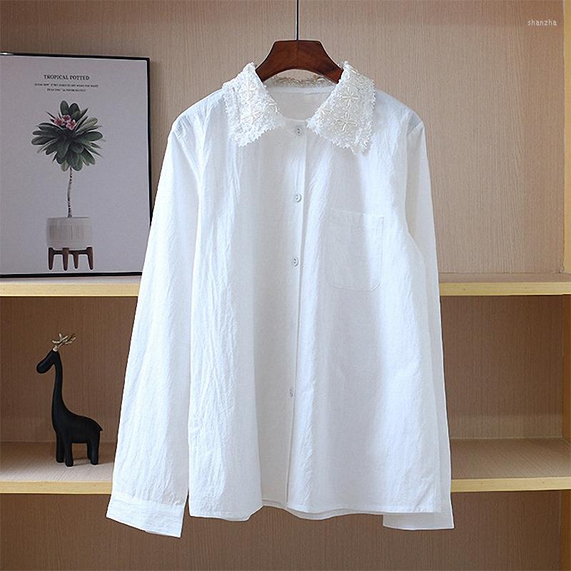 

Women's Blouses FairyNatural Women Handmade Beading Decorated Fairy White Shirts Long Sleeve Ladies Mori Chic Blouse 2022 Spring Autumn