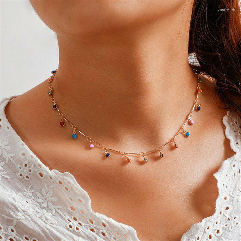 

Choker Fashion Bohemian Pendants Necklace For Women Charming Colorful Stone Chain Handmade Chockers Necklaces Party Jewelry Gift
