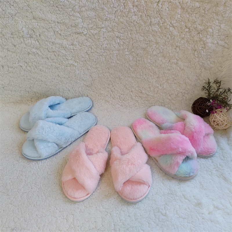 

New indoor plush female lovely slippers simple home warm open toe breathable flat non-slip slippers, Blue