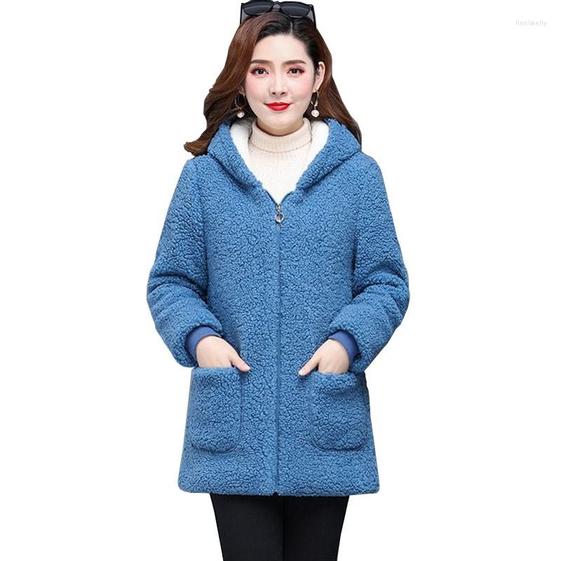 

Women's Down Mother Winter Jacket 2022 Female Lambswool Plus Velvet Cotton Coat Size 5XL Overcoat Hooded Warm Lady Outerwear, Blue