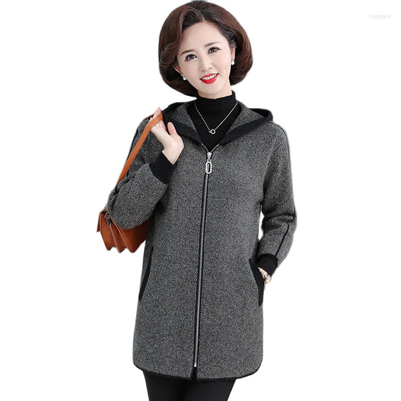 

Women's Wool 2022Winter Jacket Women Middle-aged Hooded Knitted Loose Mid-length Casual Woolen Coat Female Jackets Outerwear, Grey
