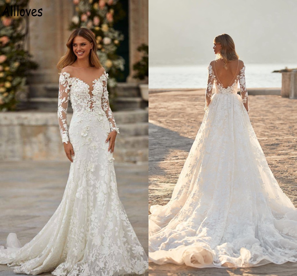 

Floral Lace Appliqued Mermaid Wedding Dresses With Detachable Train Long Sleeves Modest Boho Garden Bridal Gowns Beach Sexy Open Back Brides Robes de Mariee CL1334, Coral