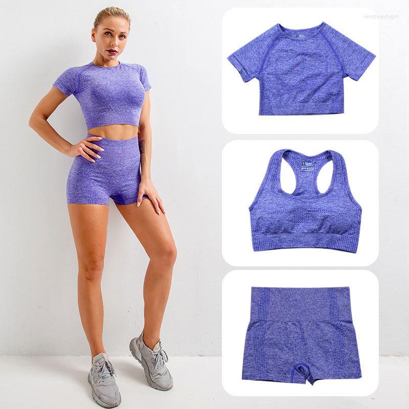 

Active Sets 3pcs Women Sportswear Yoga Set Little Jacquard Bra Tracksuit Seamless Fitness Short Sleeves Sports Suit, Sky blue