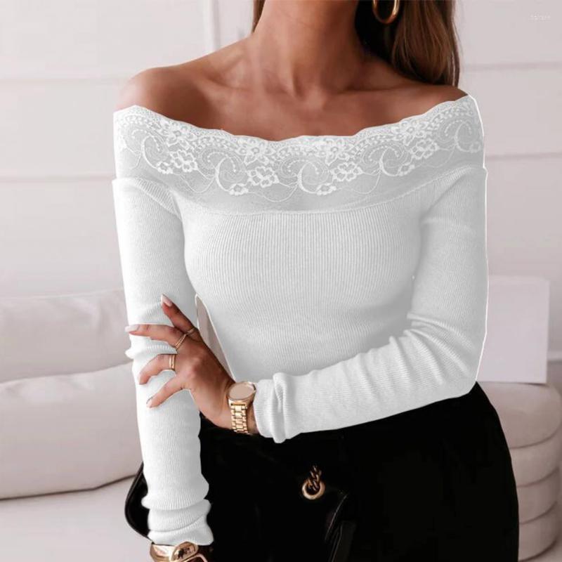 

Women' Sweaters Women Knitted Blouse Lace Stitching Collar Long Sleeve Solid Colo Autumn Office Ladies Elegant Off Shoulder Ribbed Knitwear, Black