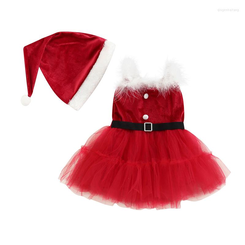 

Girl Dresses 0-24M Baby Girls Christmas Outfit Sets Red Sleeveless Tulle Patchwork Sling Dress Hat, Picture shown