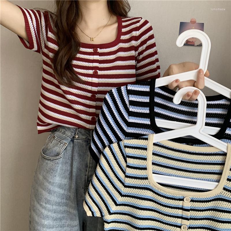 

Women's T Shirts Summer 2022 Shirt For Women Slim Striped Knitted Clothes Casual Fashion Short Sleeve Tees Crop Top Ropa Streetwear T-shirts, Blue