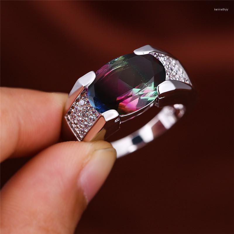 

Wedding Rings Big Oval Multicolor Crystal Zircon For Men Women Jewelry Vintage Fashion Rainbow Stone Ring Male Engagement Bands