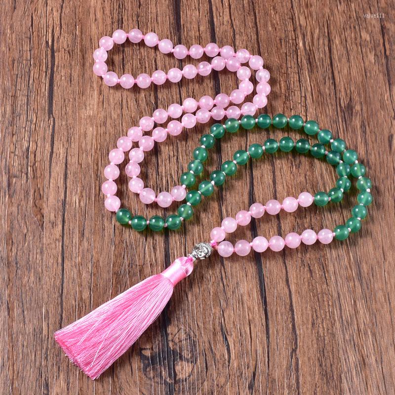 

Pendant Necklaces Green & Rose Quartzs Hand Knotted 108 Japamala Silk Tassel Necklace Tibetan Buddhism Meditation Healing Reiki Jewelry