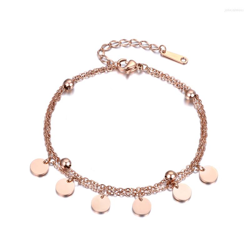 

Link Bracelets Trendy Stainless Steel Jewelry 2 Layers 6 Round Little Disc Rose Gold Color Cute Bracelet B18180