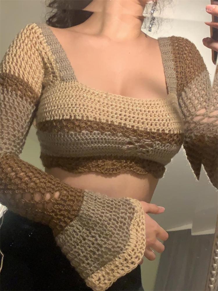 

Women' Sweaters 2022 Women Striped Knitted Crop Tops Hollow Out Square Neck Long Flare Sleeve Y2K Aesthetics Backless Jumpers