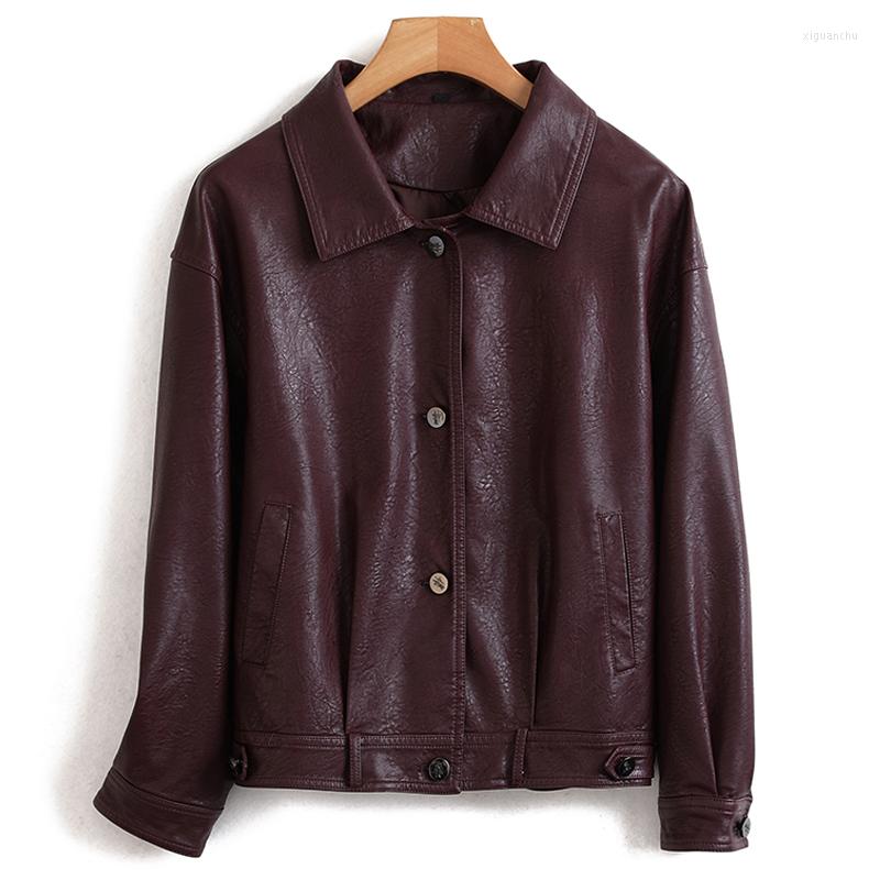 

Women's Leather Autumn Short Soft Purple Jacket Women Long Sleeve Korean Fashion Coat Single Breasted Black Top