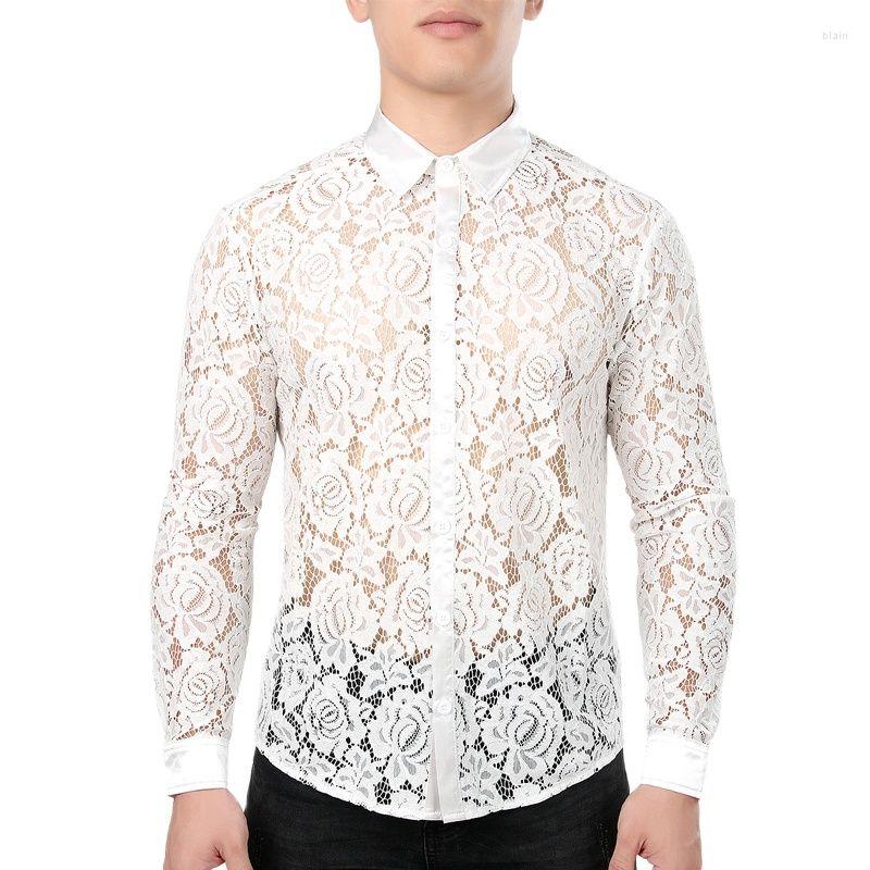 

Men's Casual Shirts Mens White Lace Slim Fit Dress Shirt Men Chemise Homme Sexy See Through Long Sleeve Lapel Camisa Plus Size, White 06