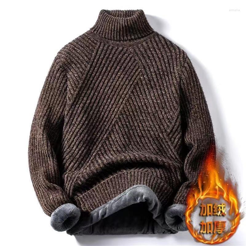 

Men's Sweaters 2022 Winter Men Pullover Plush Thicke Man Sweater Stripe High Collar Bottoming Knitwear Thermal Clothing Warm, Thick 6607 beige