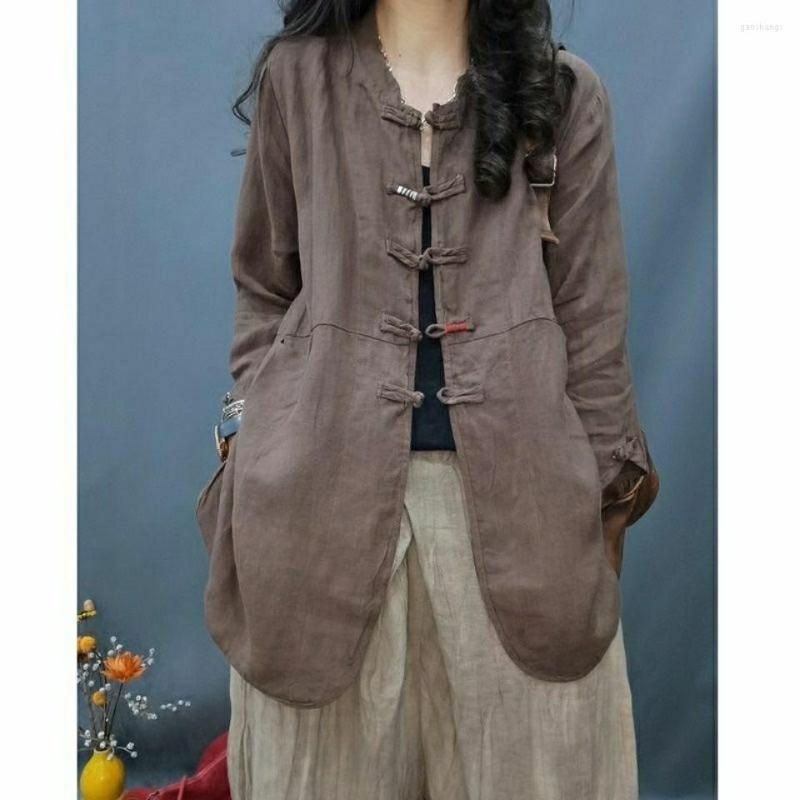 

Women's Blouses National Style Retro Plate Button Cardigan Long Sleeve Autumn Irregular Shirts Women Stand Collar Blouse Cotton Linen Tops, Black