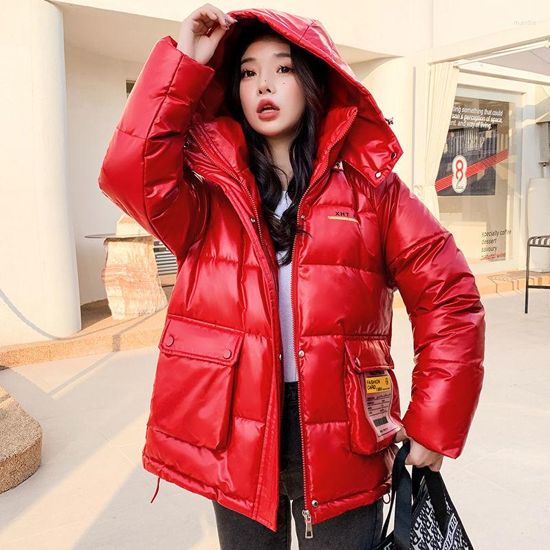 

Women' Trench Coats 2022 Winter Streetwear Glossy Jacket Women Hooded Warm Coat Long Sleeve Outwear Casual Zipper Plus Size Parka Jackets, Red