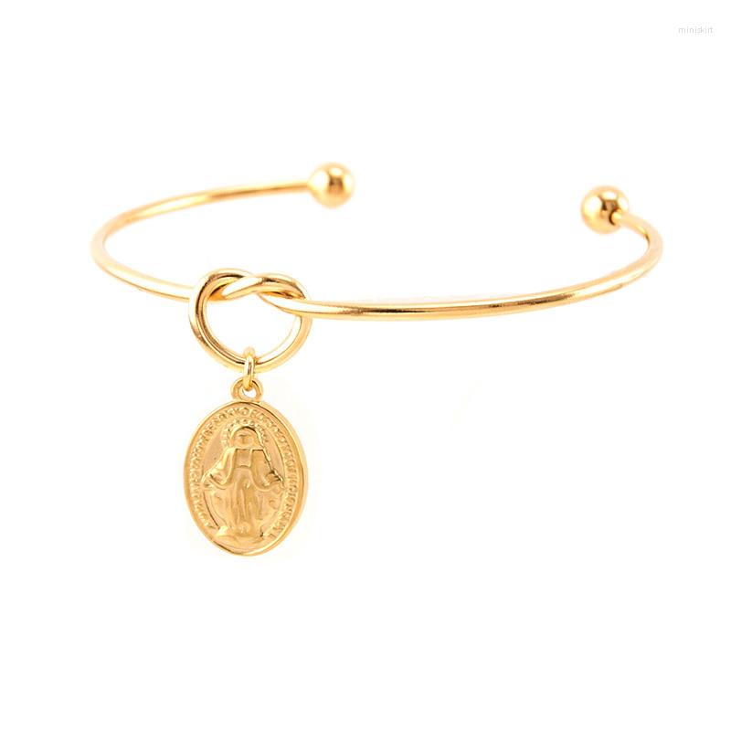 

Bangle Virgen Mary Catholicism San Benito Protection Charm Knot Heart Wire Women Open Cuff Wrist Stainless Steel Jewelry