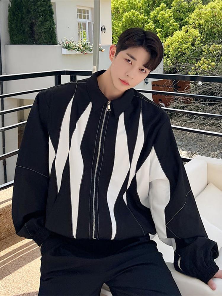 

Men's Jackets Splicing Lattice American Loose Fashion Lapel Men Coat 2023 Long Sleeve Contrast Color Zipper Male Jacket 2A6283, Black