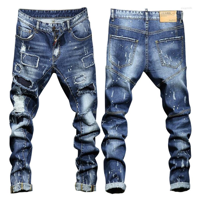 

Men's Jeans European American Street Fashion Brand Men's Male Slim-fit Denim Pants High Elastic Hole Patch Trousers, Picture shown