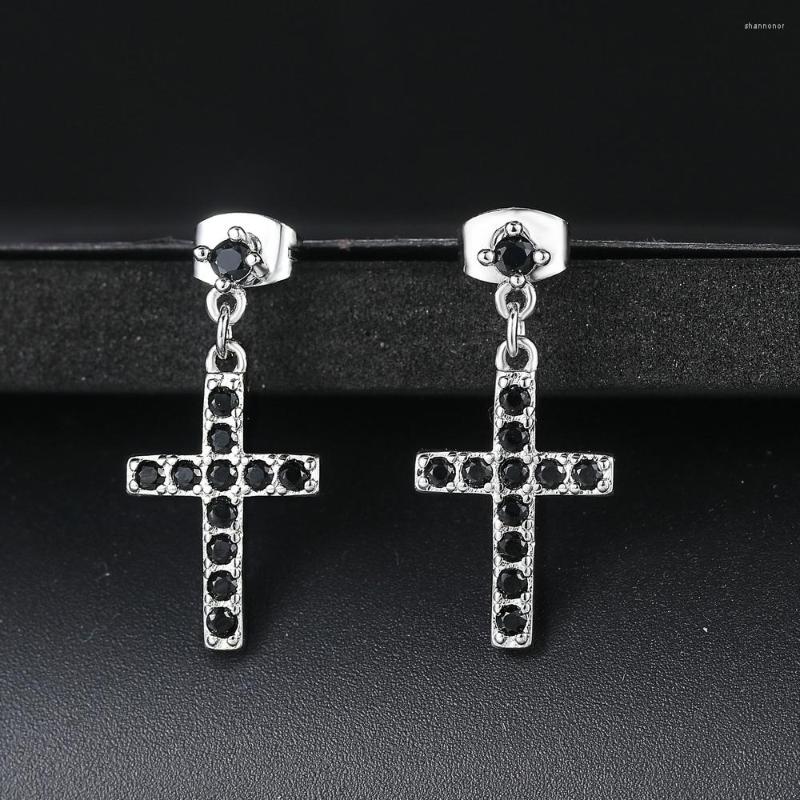 

Stud Earrings Cross For Women Classic Simple Iced Out Cubic Zirconia Black Crystal Silver Color Dangle Ear Fashion Jewelry E328