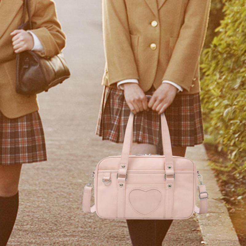 

School Bags Student PU Leather Schoolbag Large Capacity Shoulder Bag Heart JK Uniform Handbags Women Travel Tote Daily Shopping, Black