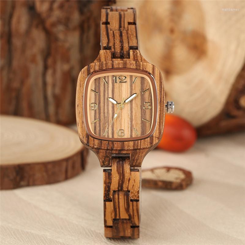 

Wristwatches Handmade Square Wooden Arabic Number Display Lady Quartz Luminous Pointers Clock Full Bamboo Women Bangle Present, Golden number dial