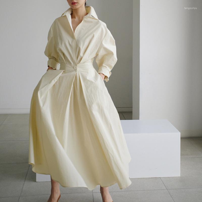 

Casual Dresses Beige Color One Button Stand Collar Women Long Dress Full Sleeve Loose Lady Office Work Ball Gown