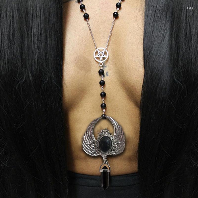 

Choker Gothic Bat Wing Rosary With Pentagram Station // Real Gemstone Style Satanic