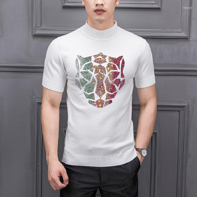 

Men's T Shirts Men's Turtleneck Sweater Unique Loose Short Sleeve Gradient Color Pattern Winter Base Knitted T-Shirt Tiger Design Pullo, As shown asian size