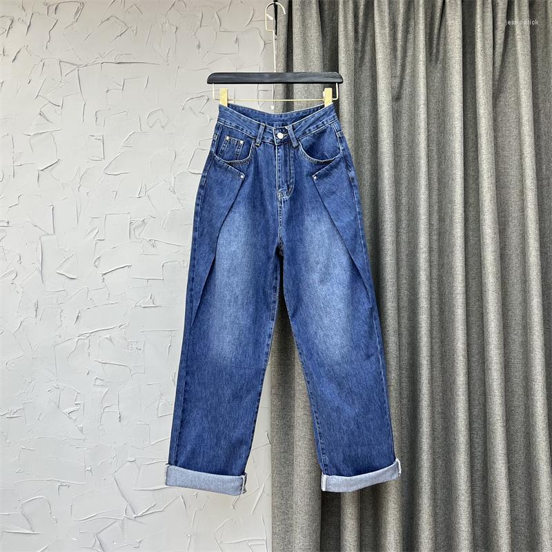 

Women' Jeans 2022 Summer Korean Style Wide Leg Pants Women' High Waist Pleating Loose Denim Trousers Sexy Girls Jean Femme, Dark blue