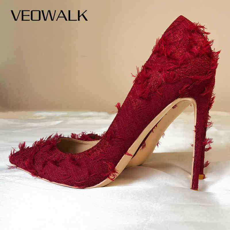 

Hot-dress Shoes Veowalk Burgundy Women Distressed Tassels Fabric Stilettos High Heels Pointy Toe Pumps Chic Ladies Comfortable Dress 220505, Red 10cm heel