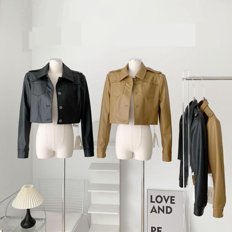 

Women' Leather Pu Crop Jacket For Women Spring Autumn High Street Long Sleeve Faux Short Outwear Lady Cool, Black