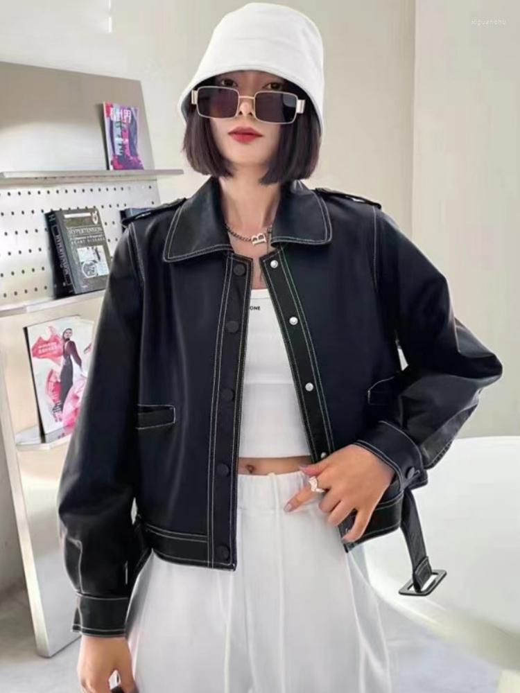 

Women' Leather Winter Fashion Biker Cropped Jackets Women Black Korean Loose Ladies Moto Jacket 2022 Autumn Outerwear Pockets Chic Tops