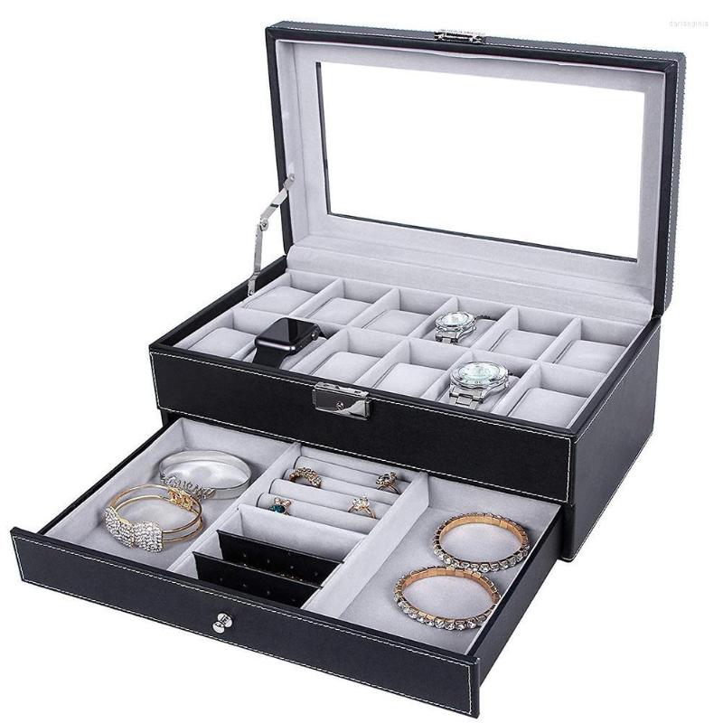 

Watch Boxes Fashion Box Double Layer 12 Detachable Slot Organizer Storage Collection Faux Leather With GlassTop