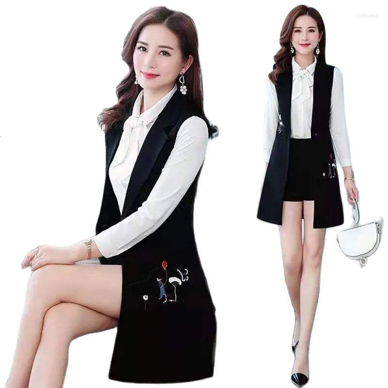 

Women's Vests Vest Female Mid-Length 2022 Spring Autumn Splicing Embroidery Slim Suit Collar Fashion All-Match Ladies Waistcoat, Black