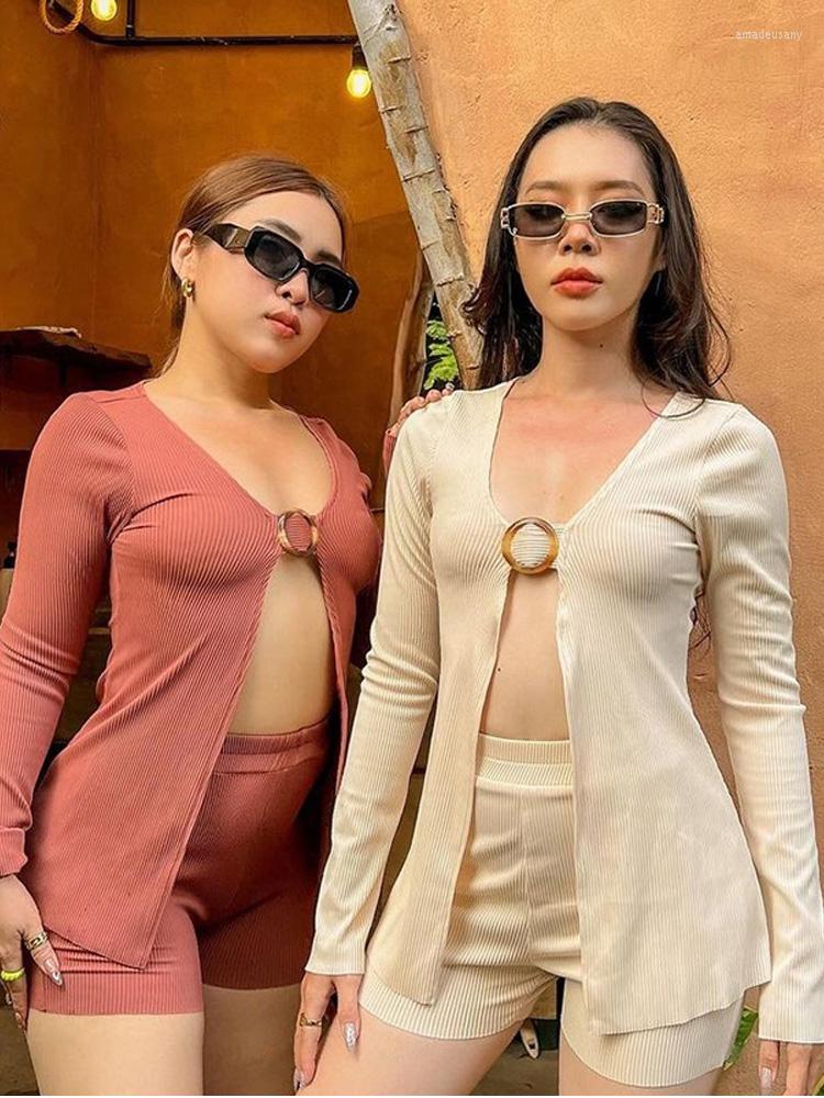 

Women's Tracksuits Autumn Long Sleeve Hollow Out Two Piece Sets Womens Outifits Silm Fit Sexy Tops Solid U-Neck Office Lady Vestidos De, Pink set