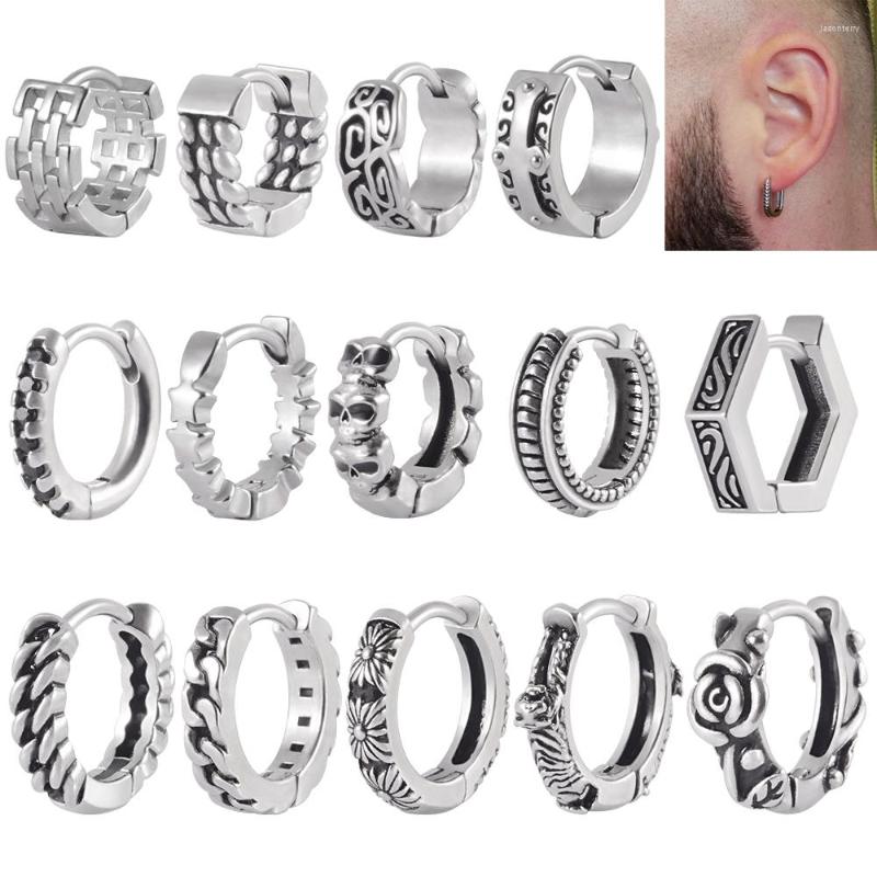 

Hoop Earrings 1Pair Gothic Punk Stainless Steel Hip Hop Rock Biker Round Earring Women Man Vintage Ear Clip Piercing Jewelry
