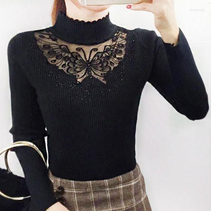 

Women's Sweaters Bottoming Sweater Women's Autumn And Winter Wild Half-Turtleneck Knitted Lace Long Sleeve Shirt Slim-Fit Embroidery, White
