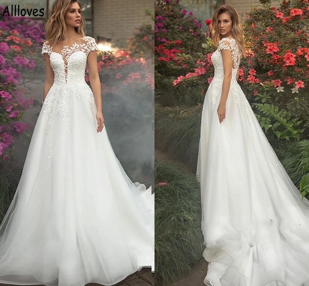 

Boho Lace Appliqued A Line Wedding Dresses For Bride Ivory Tulle Jewel Neck Cap Sleeves Bridal Gowns Sweep Train Buttons Back Plus Size Garden Robes de Mariee CL1335, Custom made from color chart
