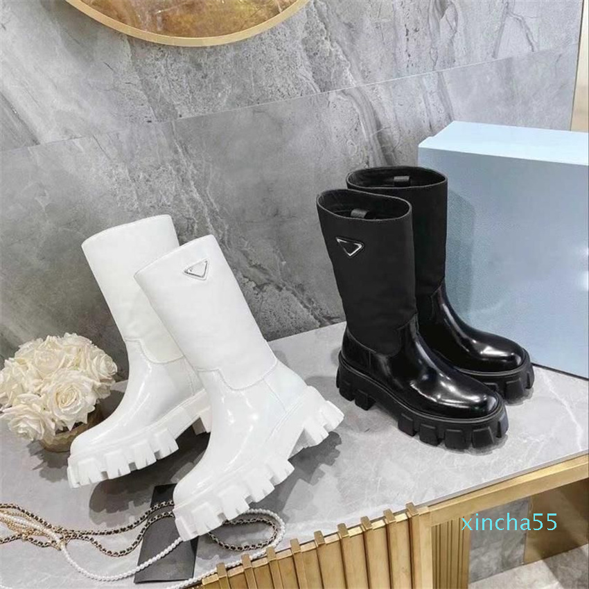 

Designer Women Re-Nylon Boot Leather Monolith Ankle 5 5cm Thick Removable Leathers Insole Boots Shoes Winter