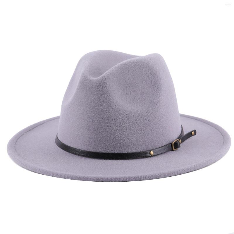

Berets Fashion Men Women Unisex Panama Hat Vintage Style Wide Brim Belt Buckle Felt Fedoras Red White Gray