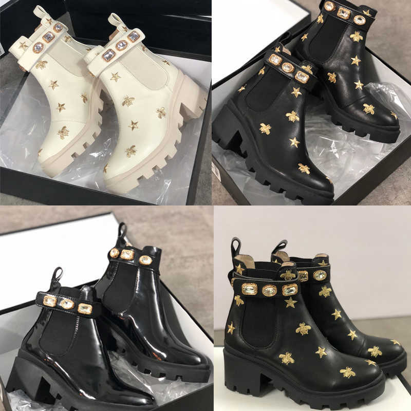 

20212 Women Leather Laureate Platform Desert Boot Martin Boots White Embroidered Bee Star Trail Ankle Boot Winter Boot Heel Height With Belt NO13, Sock