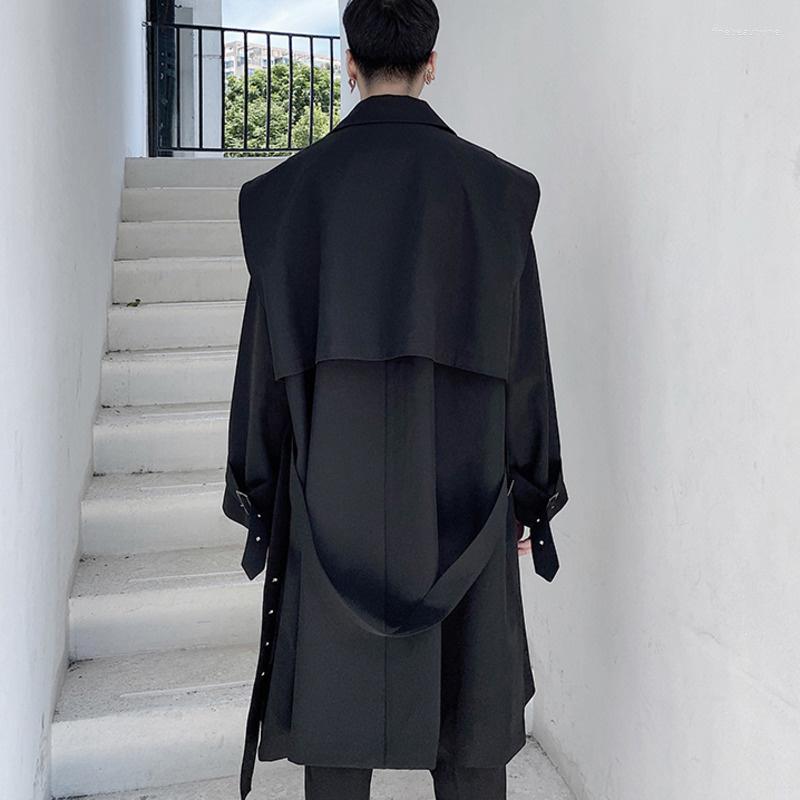 

Men's Trench Coats Strap Men's Wear Design Function Mid-length For Male Profile Over-knee Coat Autumn Black Zipper Windbreakers