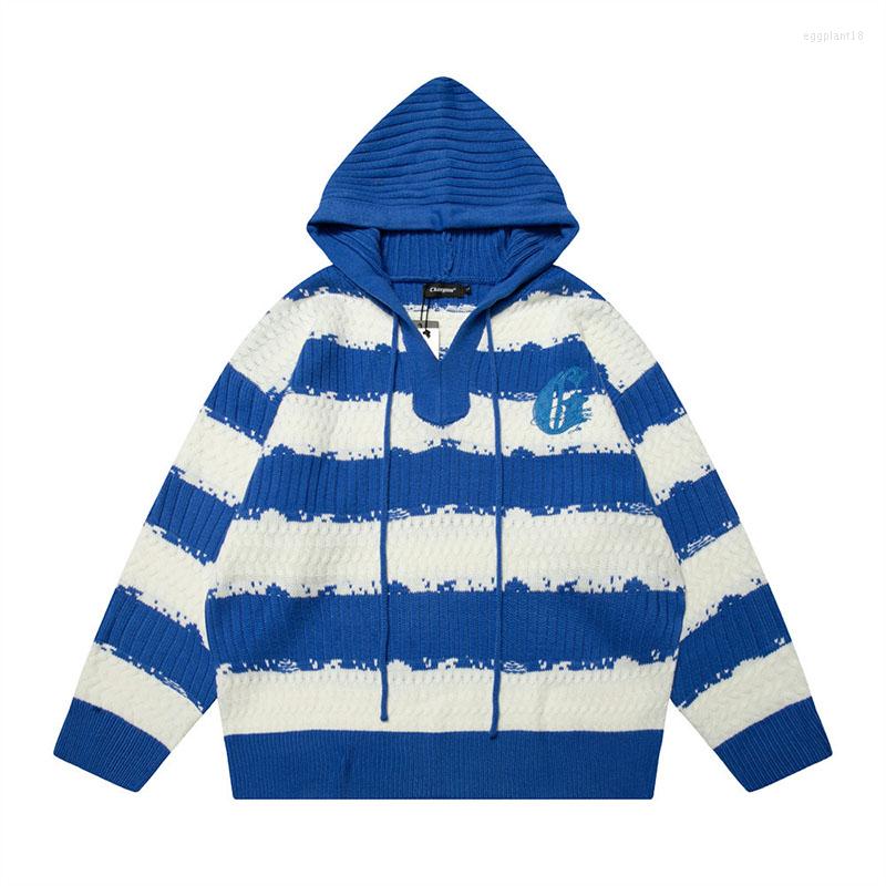 

Men' Sweaters Hip Hop Striped Casual Loose Knitted Sweater Harakuju Streetwear Spring Autumn Pullover For Male Hooded, Black