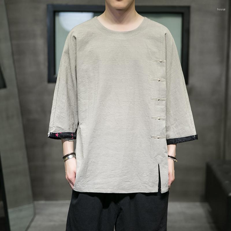 

Men's T Shirts Chinese Style Three-Quarter Sleeves Summer Plus Size Shirt Japanese Harajuku Cotton Linen Wu Dang Tops Men Clothing, Black