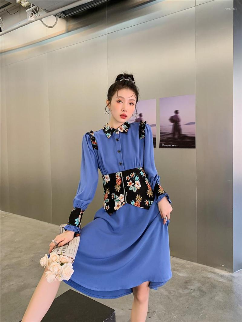 

Casual Dresses Broken Beautiful Fairy Female Summer POLO Neck Long Sleeve Jacket Dress Shirt Skirt 2022, Blue