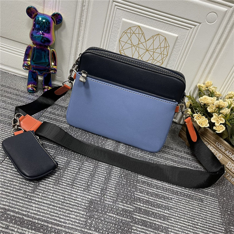 

Men design Messenger Bag Reverse Canvas Mens Crossbody 3 Piece Sets Removable front zipped pocket, Black and blue