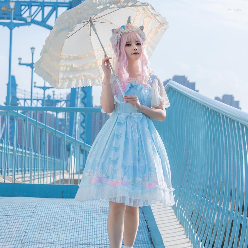 

Casual Dresses Princess Party Sweet Lolita Dress Vintage Lace Bowknot Cute Printing Victorian Kawaii Girl Gothic Jsk Loli Cos, Sky blue