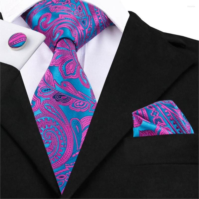 

Bow Ties C-1622 Hi-Tie Design Blue Red Paisley Necktie Pocket Square Cufflinks Set Silk Jacquard Woven Tie For Men