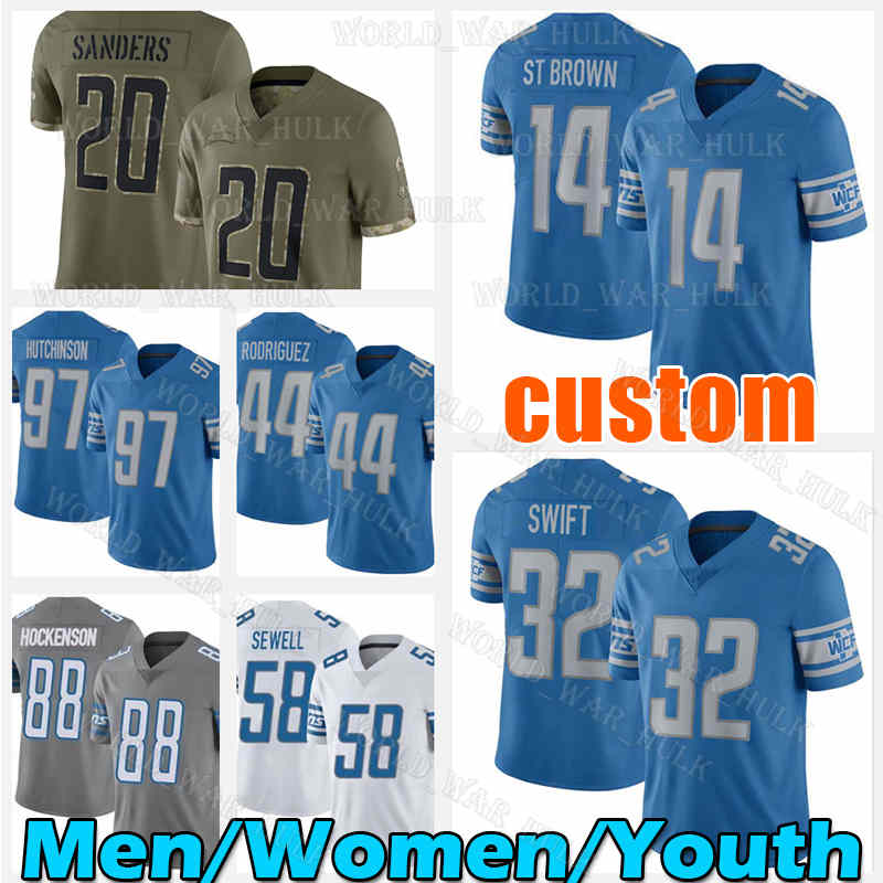 

14 Amon-Ra St. Brown Football Jersey 44 Malcolm Rodriguez Detroits Aidan Hutchinson Jamaal Jameson Williams DAndre Swift Lions Jared Goff Barry Sanders Frank Ragnow, Women custom (x s)