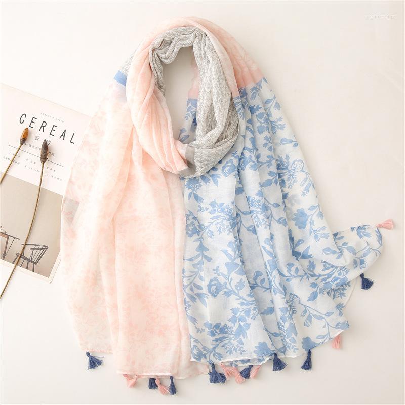 

Scarves Blue Color Floral Scarf For Women Girl Beach Dress Top Lady Flower Print Hijab Wrap Summer Sun Protection Shawl Gift